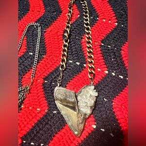 Giant copper electroplated megalodone and quartz cluster necklace